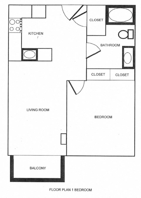 this is a drawing of a floor plan of a 1 bedroom apartments